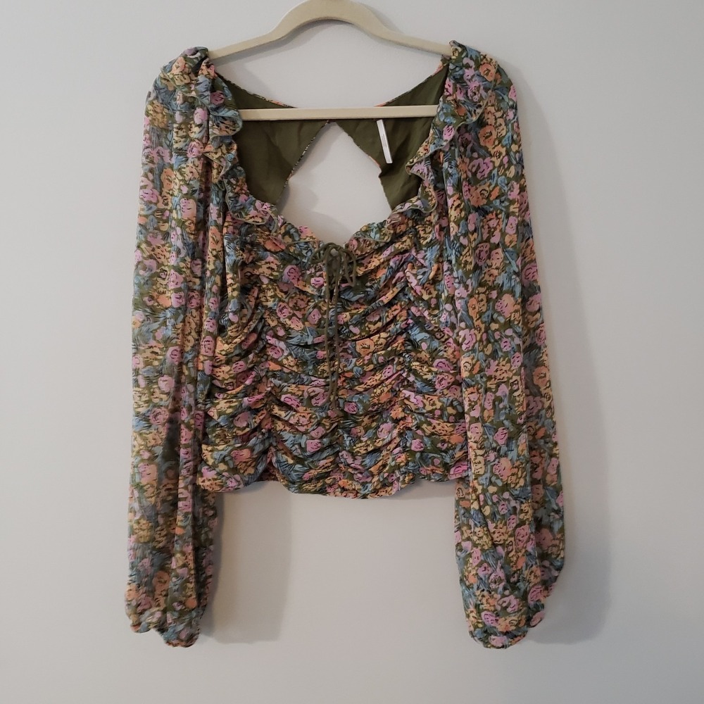 Free People Mabel Smocked Peasant Blouse Large Boho Fairy Rouching Cottagecore